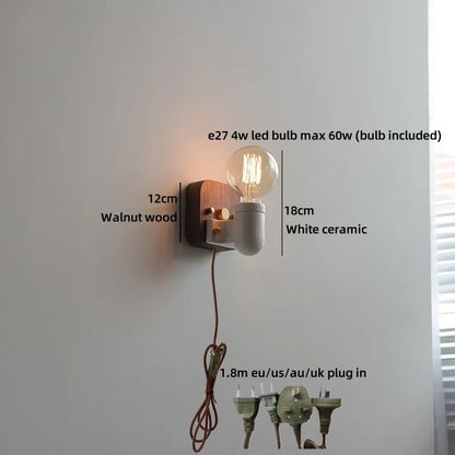 Sakura White Ceramic Walnut Wood LED Wall Lamp Japan Style