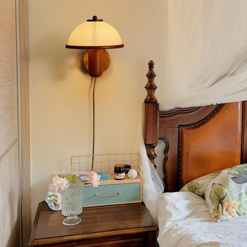 Élodie Fabric Shade Wall Lamp with Wooden Base Switch