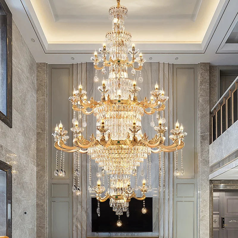 Lustre Bougie Cristal Doré pour Villa Duplex et Hall d'Hôtel
