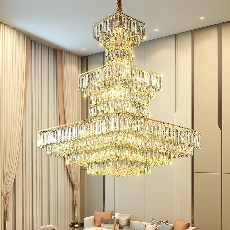 Lustre suspendu Long Hollow Crystal Staircase pour hall de duplex