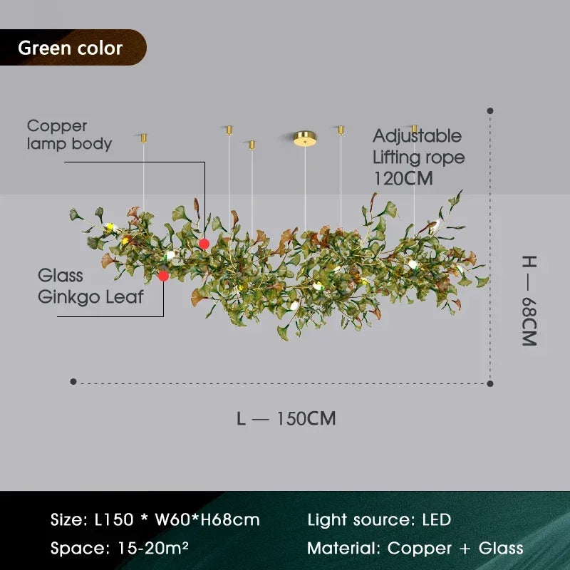 Lustre de luxe en forme de feuille de ginkgo et de branche en verre