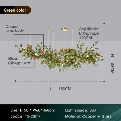 Lustre de luxe en forme de feuille de ginkgo et de branche en verre