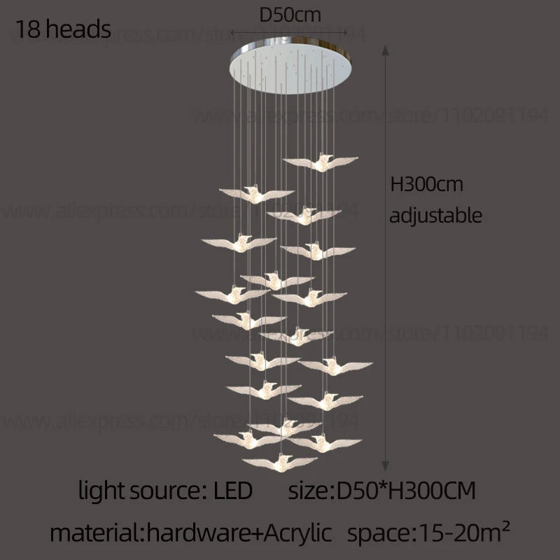 Lustre suspension d'escalier LED Delphine Swallow Bird