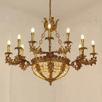 Lustre baroque 9 bougies en cuivre et cristal