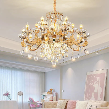 Lustre Bougie Cristal Doré pour Villa Duplex et Hall d'Hôtel