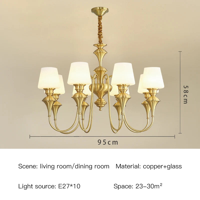 Lustre de plafond classique en cuivre avec abat-jour en verre dépoli pour salon