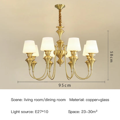 Lustre de plafond classique en cuivre avec abat-jour en verre dépoli pour salon