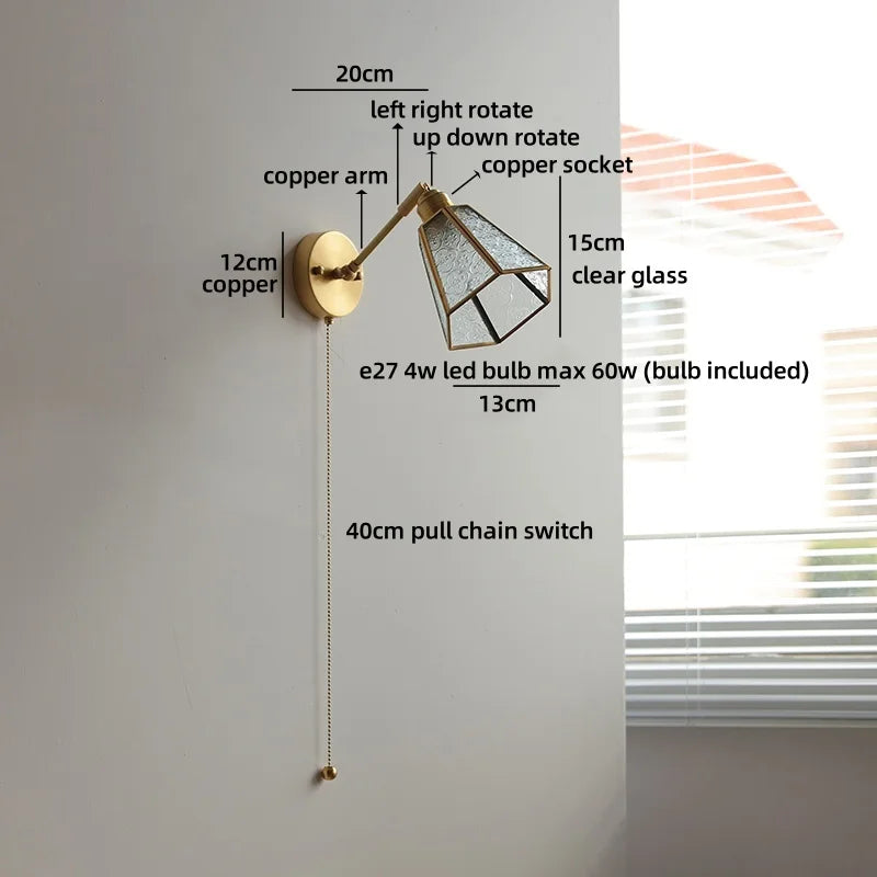 Élise Vintage Gold Glass Copper LED Wall Lamp Brass Arm