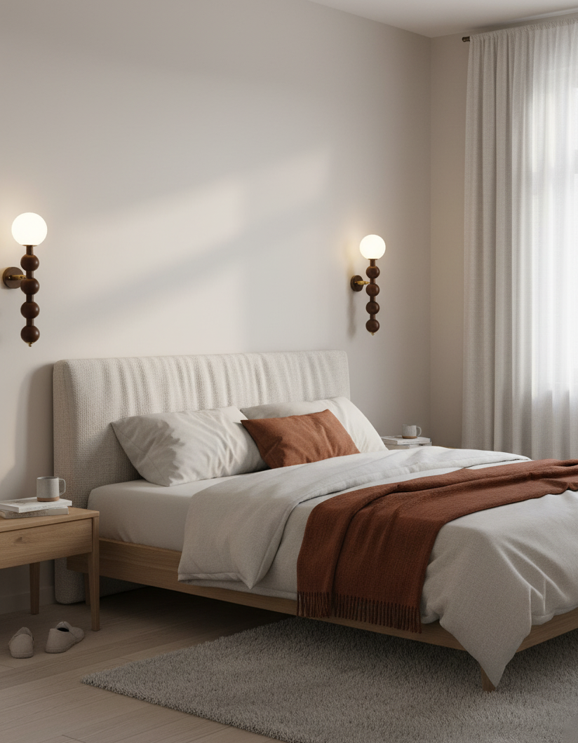 Selene Gourd Wall Lamp with Walnut Beaded Design and Warm Glow