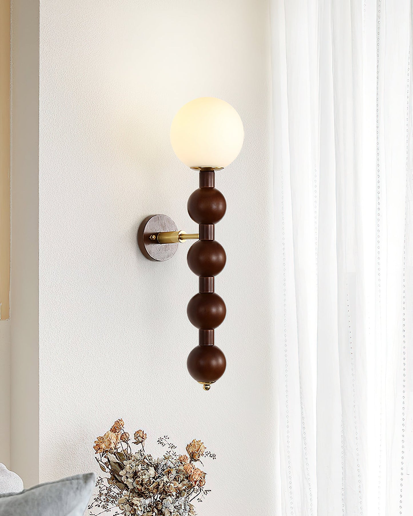 Selene Gourd Wall Lamp with Walnut Beaded Design and Warm Glow