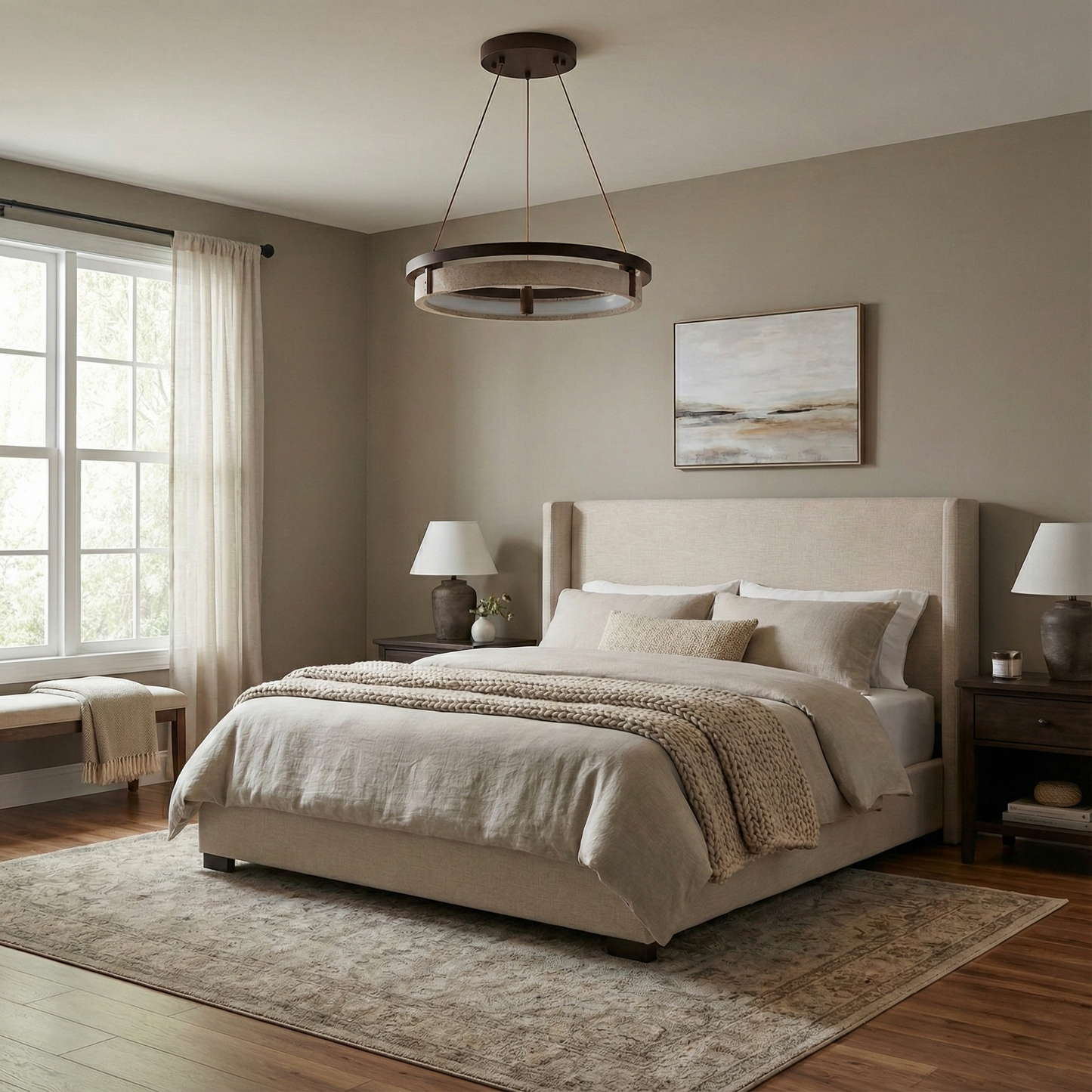 Laurent Ring Chandelier, Travertine Stone with Integrated LED