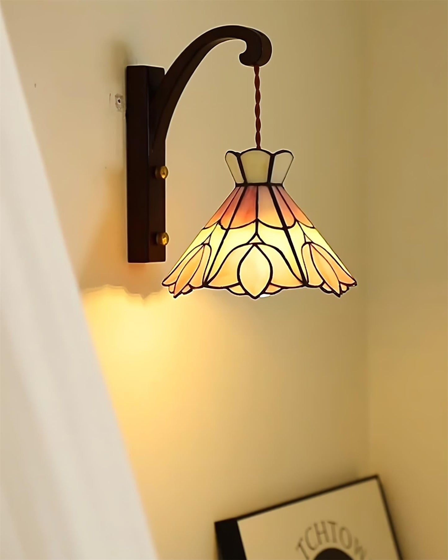 Clémence Serena Tiffany Wall Lamp Brass Wood and Glass LED Lighting