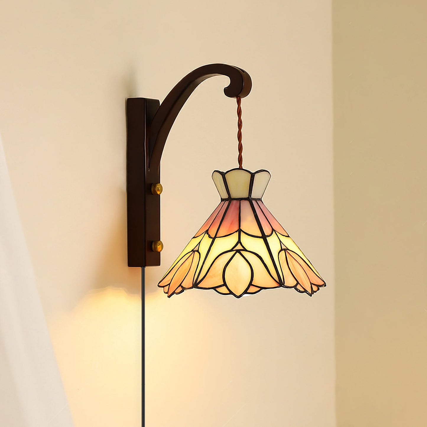 Clémence Serena Tiffany Wall Lamp Brass Wood and Glass LED Lighting