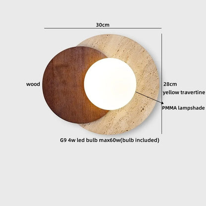 Applique murale Lucie en pierre de travertin avec base en bois
