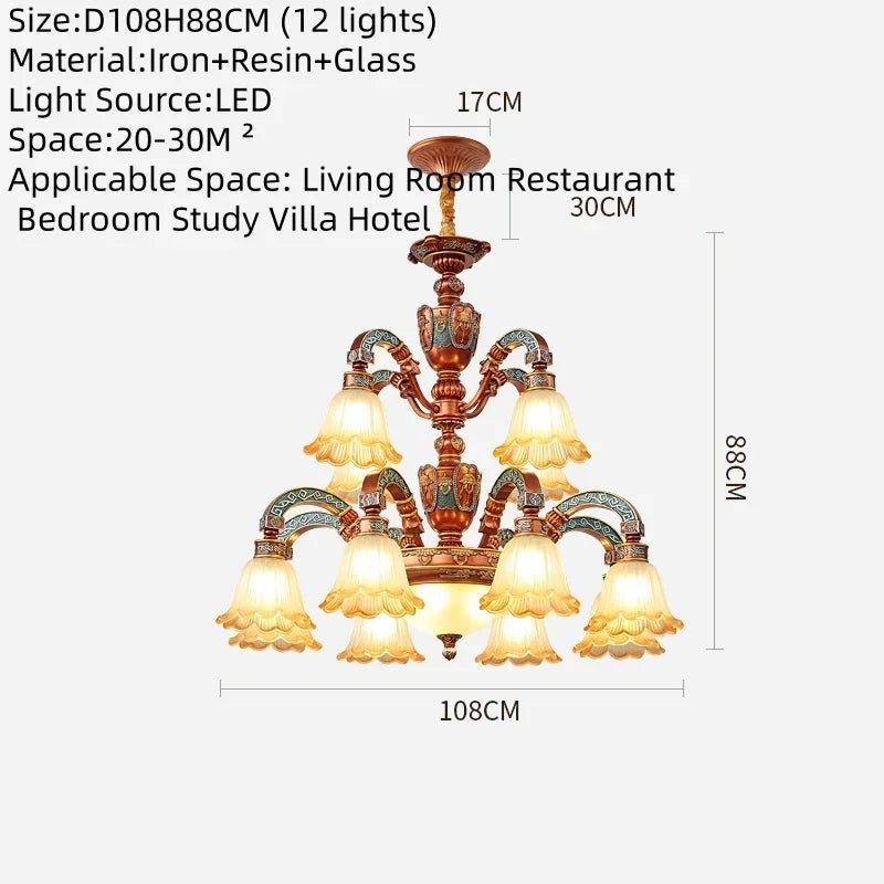 Lustre européen de luxe rétro en fer avec verre dépoli