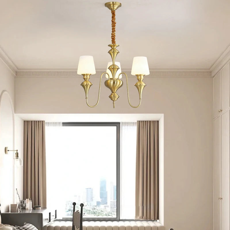 Lustre de plafond classique en cuivre avec abat-jour en verre dépoli pour salon