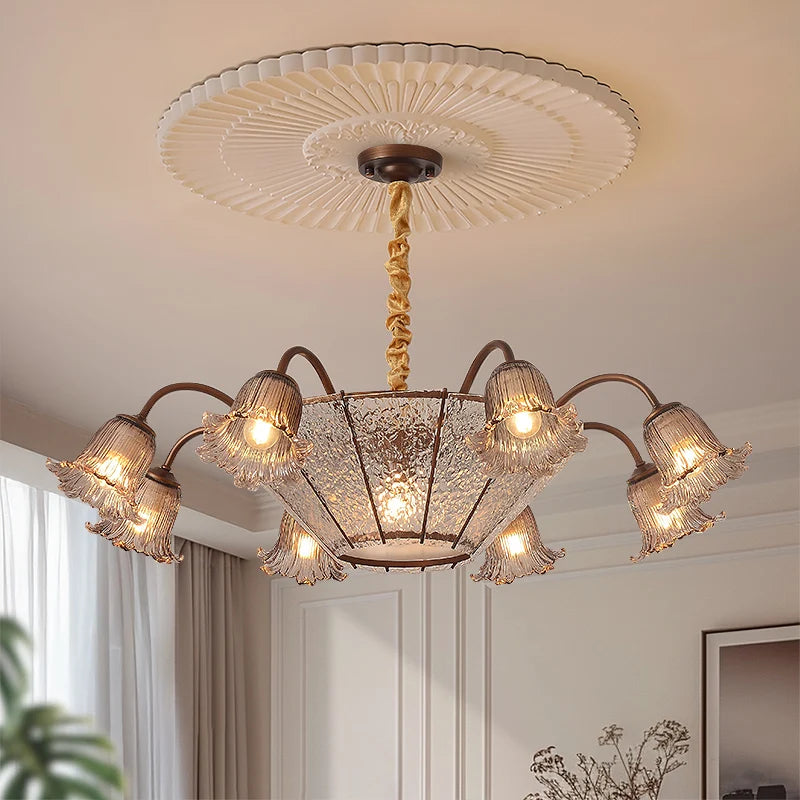 Lustre suspendu LED en verre floral vintage