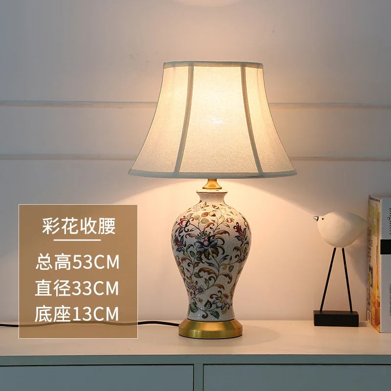 Lampadaire LED en céramique peinte rétro avec abat-jour en tissu plissé