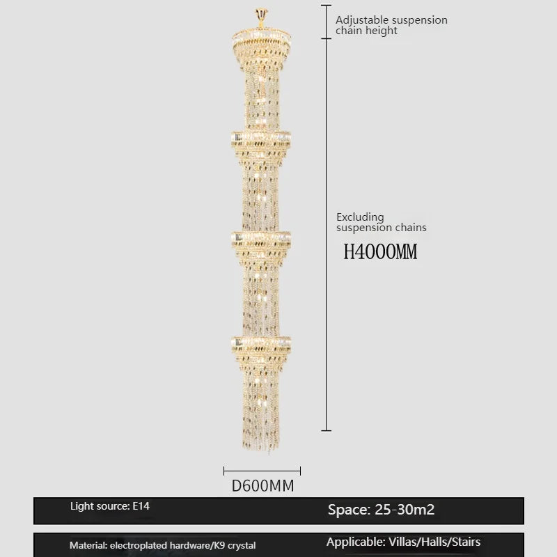 Long Lustre en Cristal Spirale Creux pour Escalier et Salon