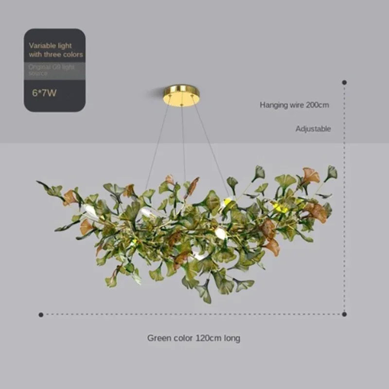 Lustre de luxe en forme de feuille de ginkgo et de branche en verre