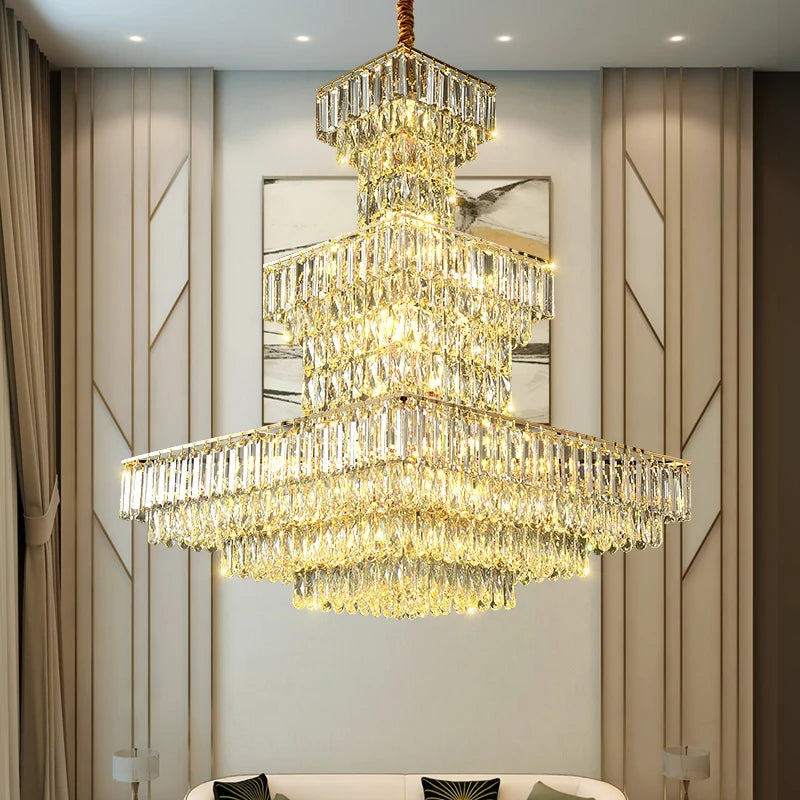 Lustre suspendu Long Hollow Crystal Staircase pour hall de duplex