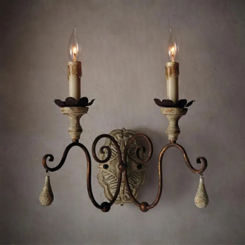 Sophie French Rural Wood Carved Wall Lamp E14 Vintage Sconce Light