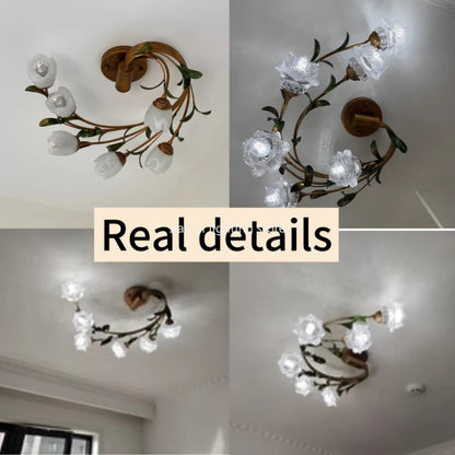 Éliane Nordic Flower Glass Iron Ceiling Light Retro Gold Fixture