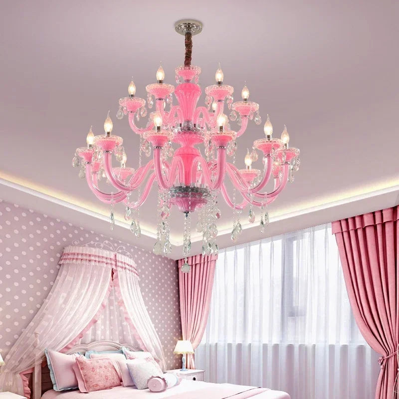 Lustre suspendu Art Candle en cristal rose pour chambre à coucher | Chambre d'enfant Chambre d'adolescent Salon Restaurant