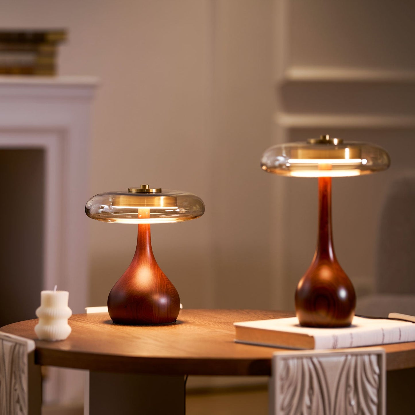 Élise Glass Table Lamp with Wooden Base and LED Dimmer