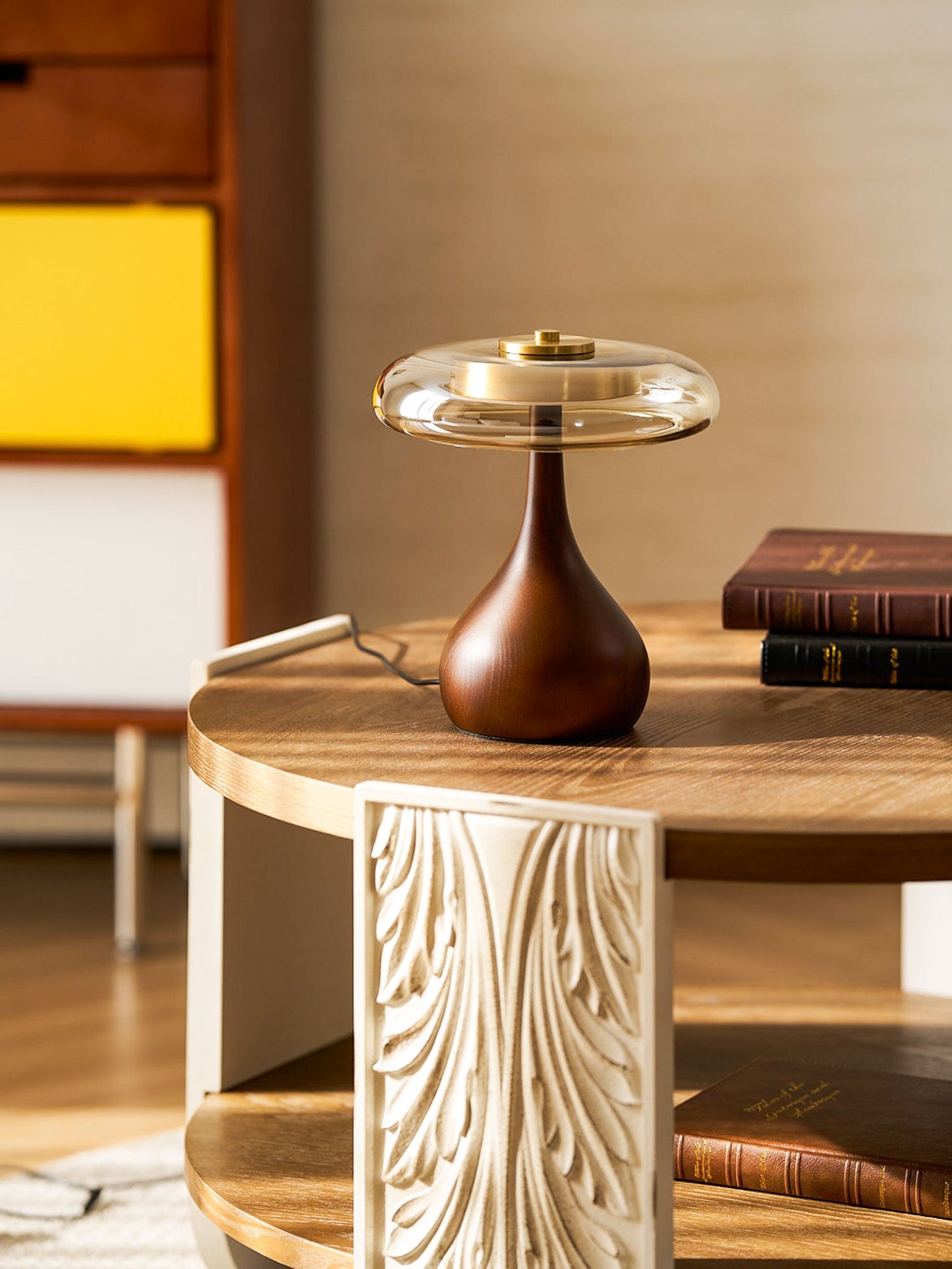 Élise Glass Table Lamp with Wooden Base and LED Dimmer