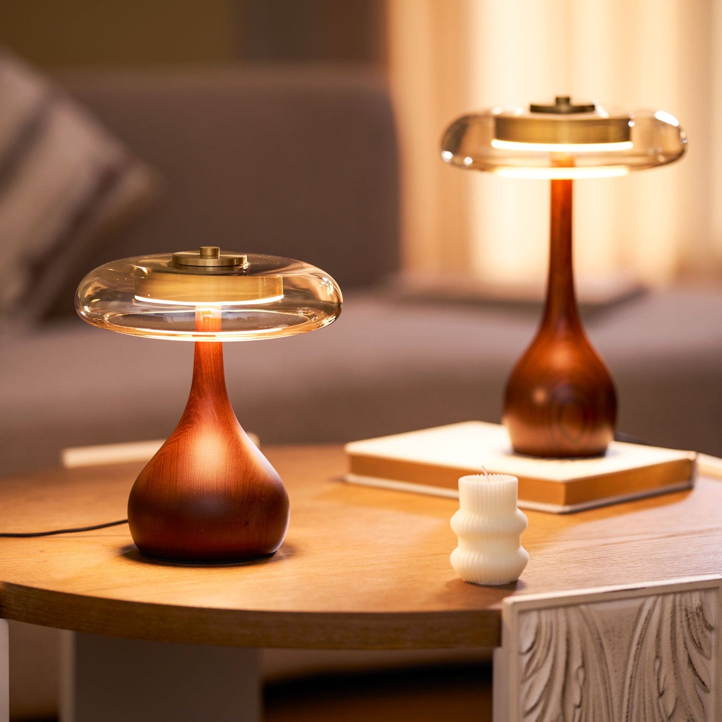 Élise Glass Table Lamp with Wooden Base and LED Dimmer