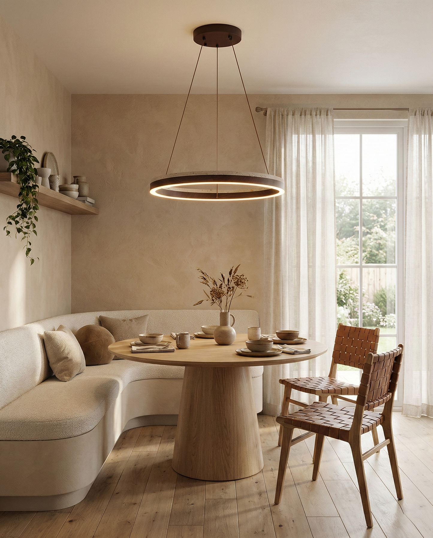 Aurélien Ring Chandelier, Travertine and Wood LED Design