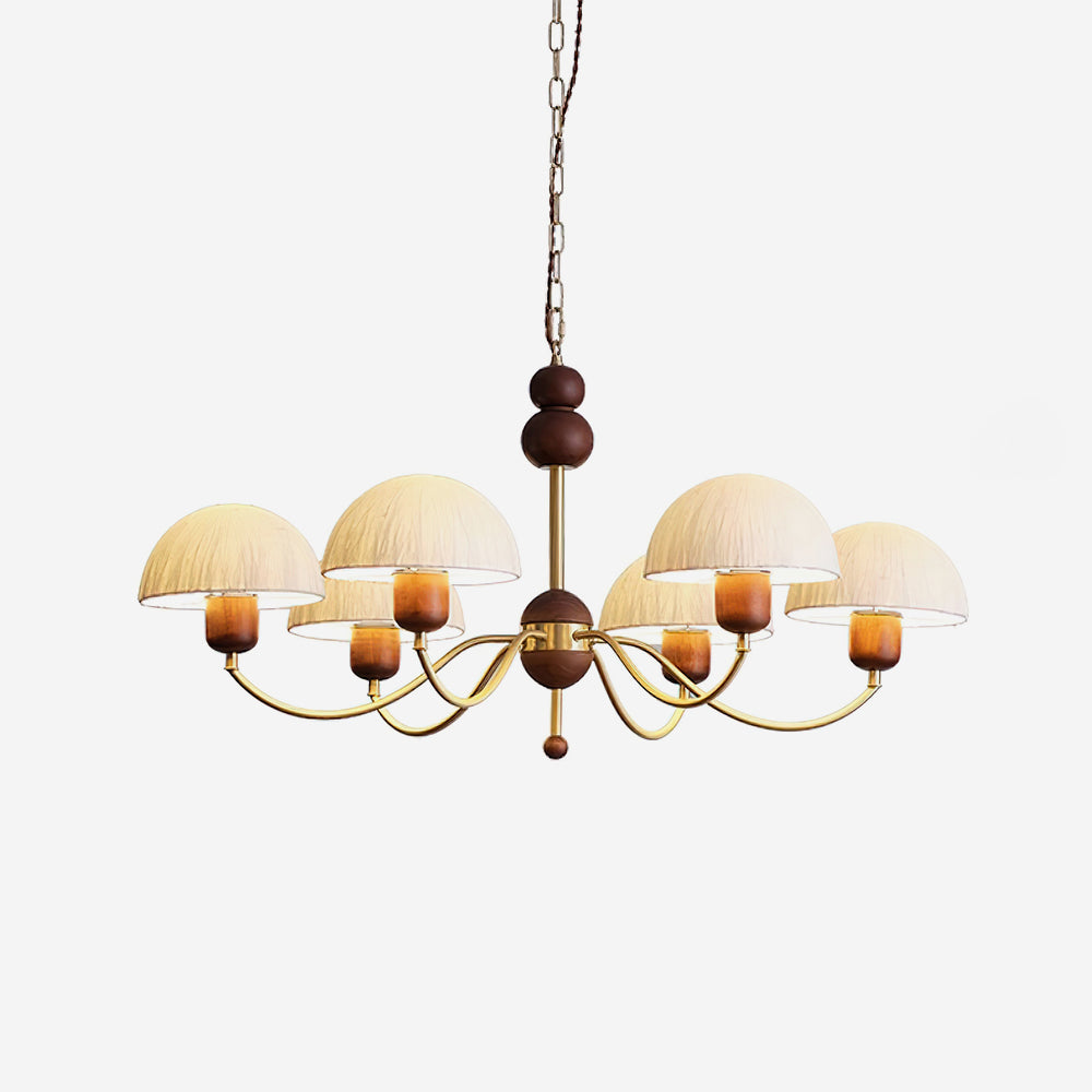 Manon Chandelier, perles en bois avec bras en métal incurvés et abat-jour doux