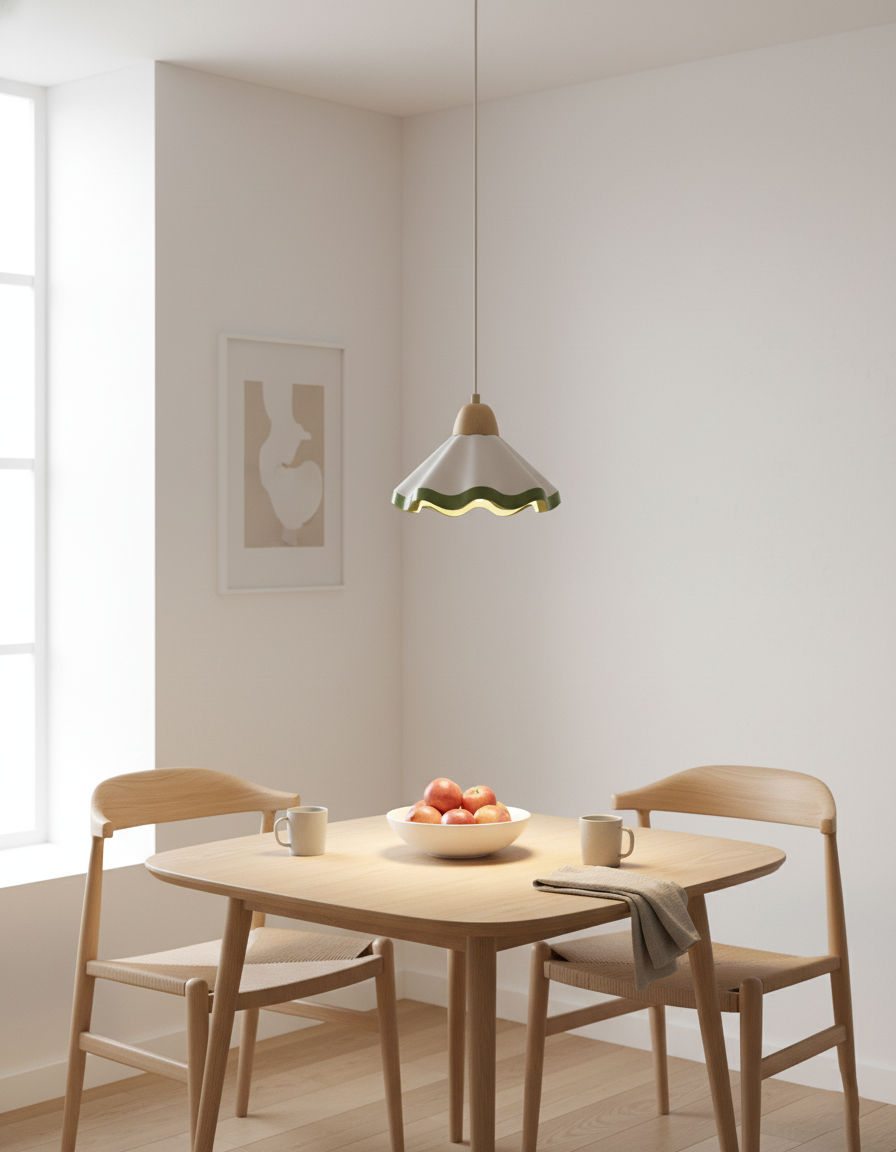 Juliette Pendant Lamp, Scalloped Resin Shade with Wood Accent