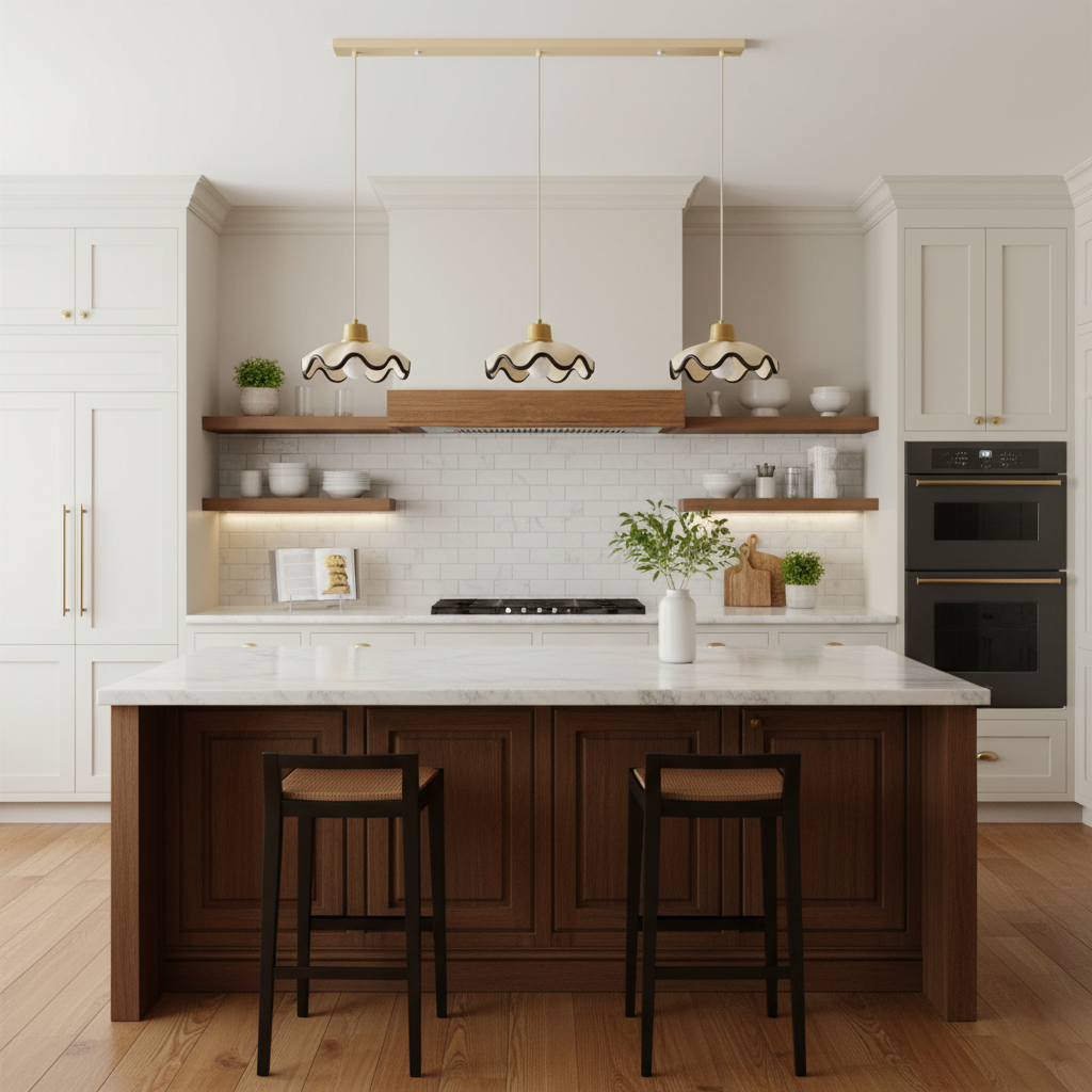 Juliette Pendant Lamp, Scalloped Resin Shade with Wood Accent