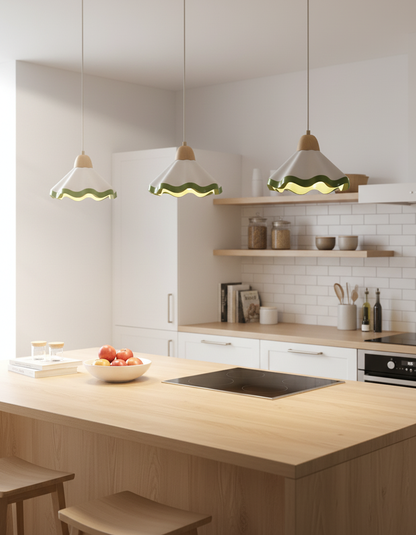 Juliette Pendant Lamp, Scalloped Resin Shade with Wood Accent