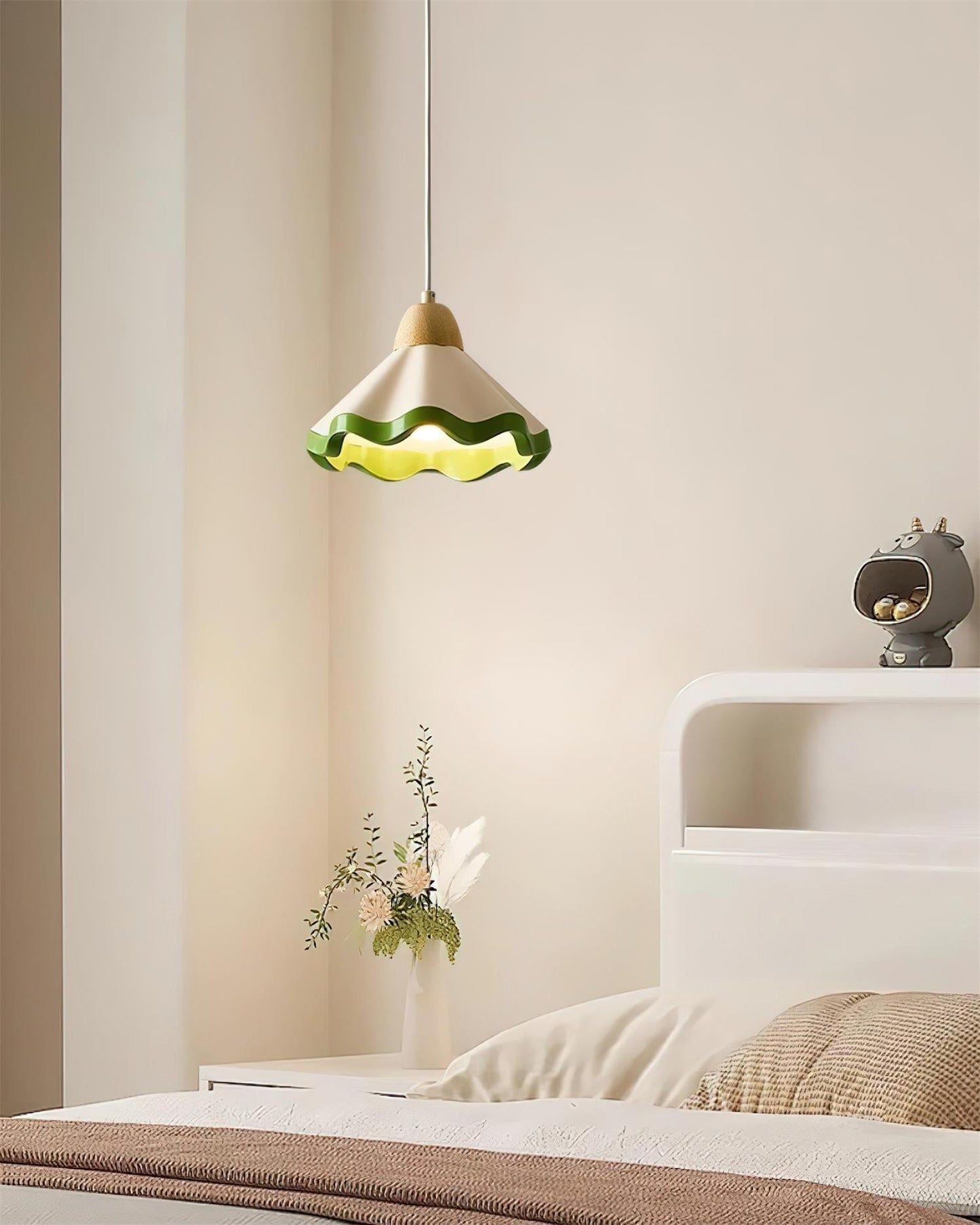 Juliette Pendant Lamp, Scalloped Resin Shade with Wood Accent