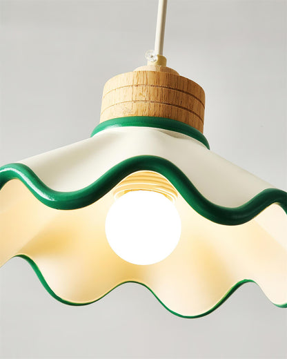 Juliette Pendant Lamp, Scalloped Resin Shade with Wood Accent