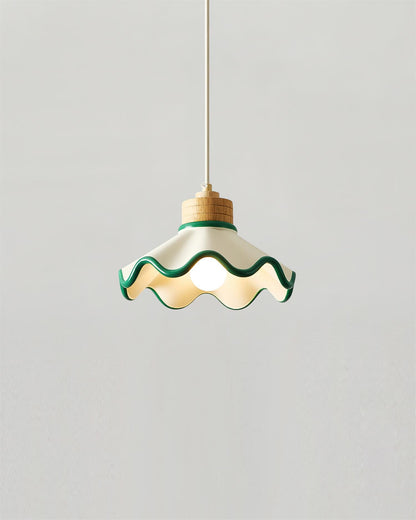 Juliette Pendant Lamp, Scalloped Resin Shade with Wood Accent