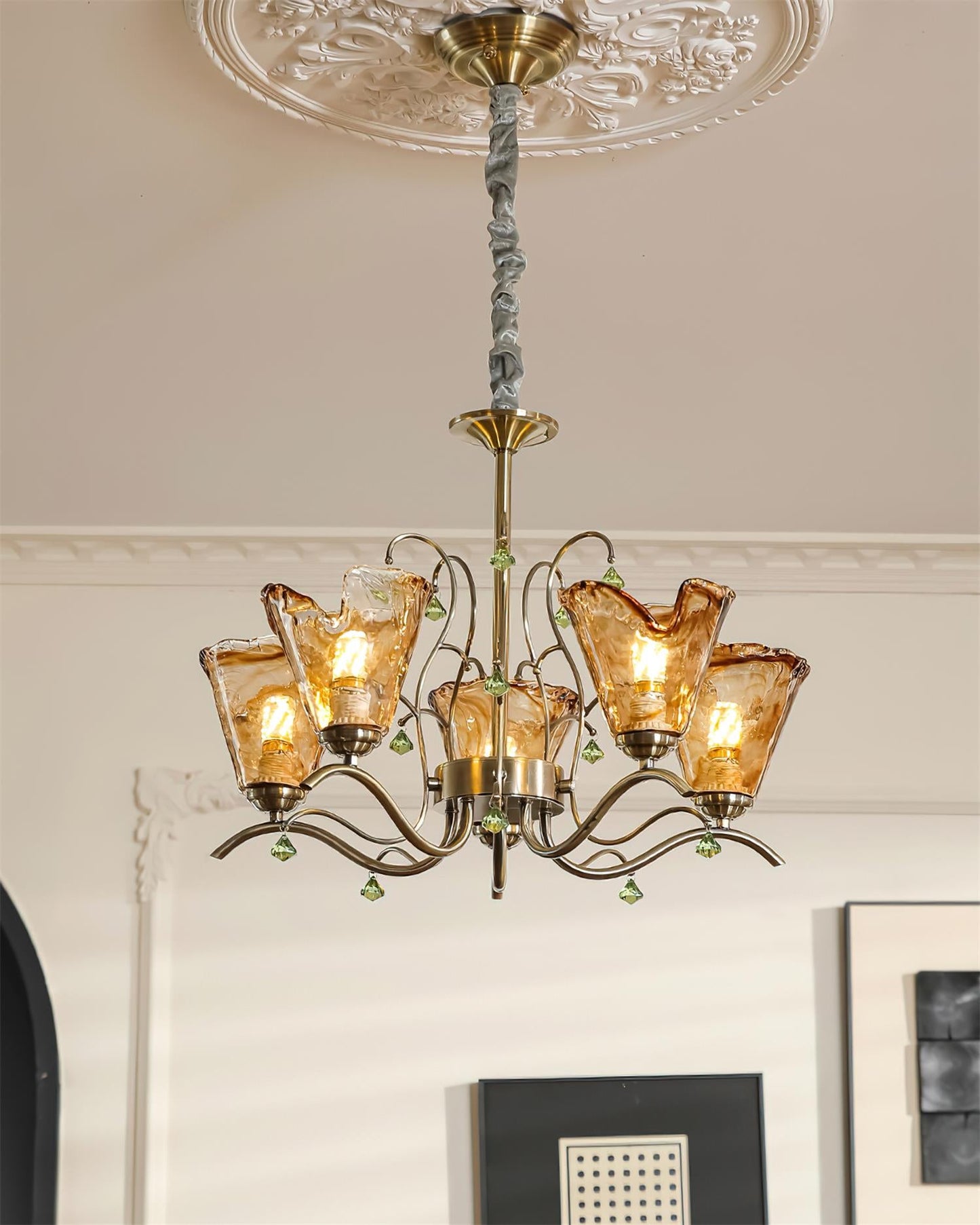Auriane Glass Chandelier, Amber Shades with Crystal Accents