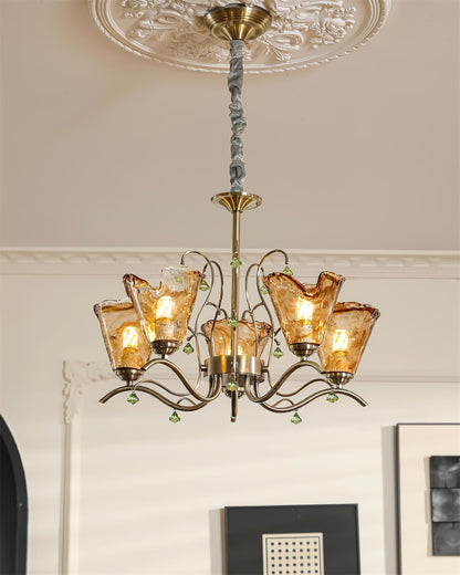 Auriane Glass Chandelier, Amber Shades with Crystal Accents