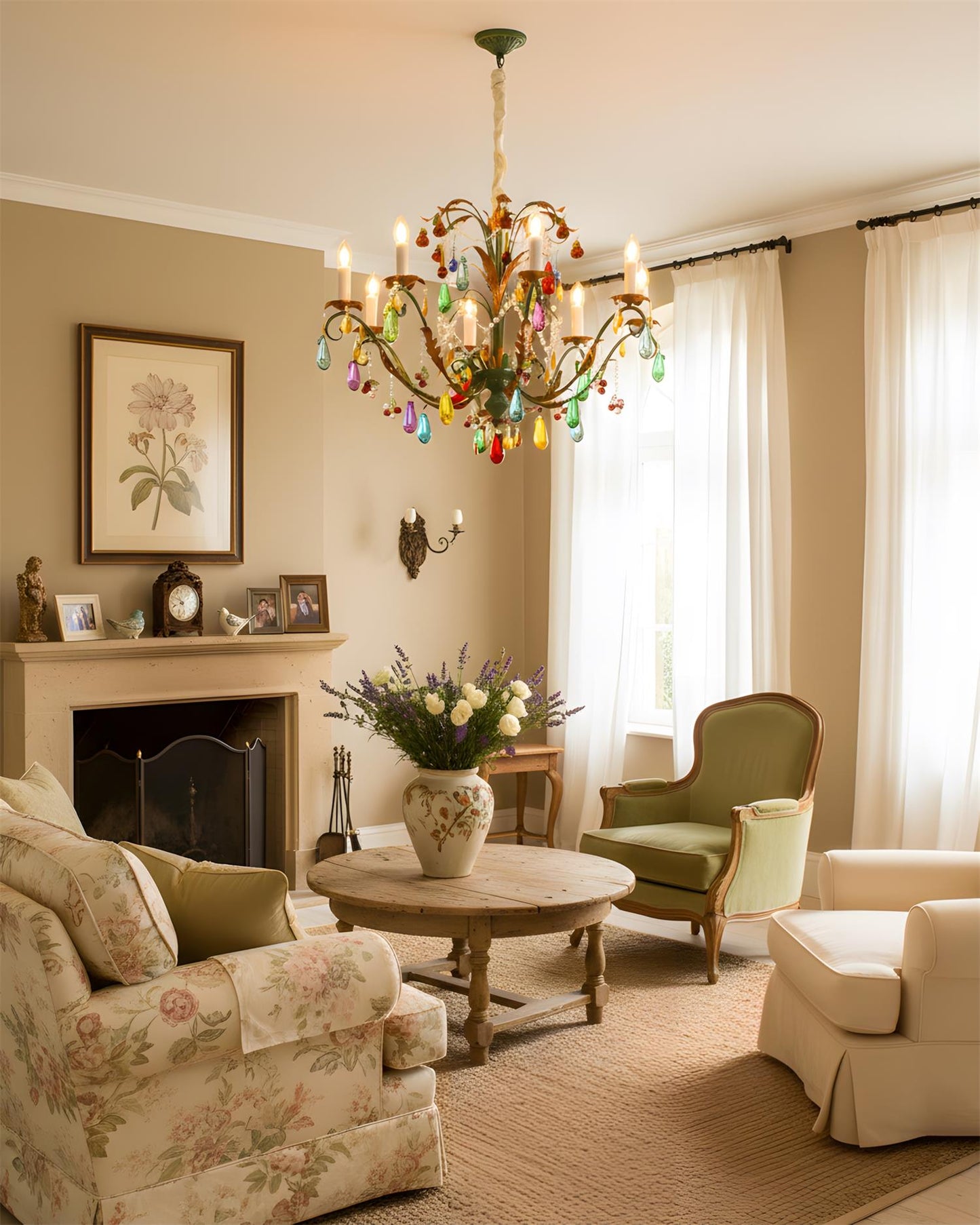 Solène Artistic Chandelier, Multicolor Glass Drops with Metal Frame