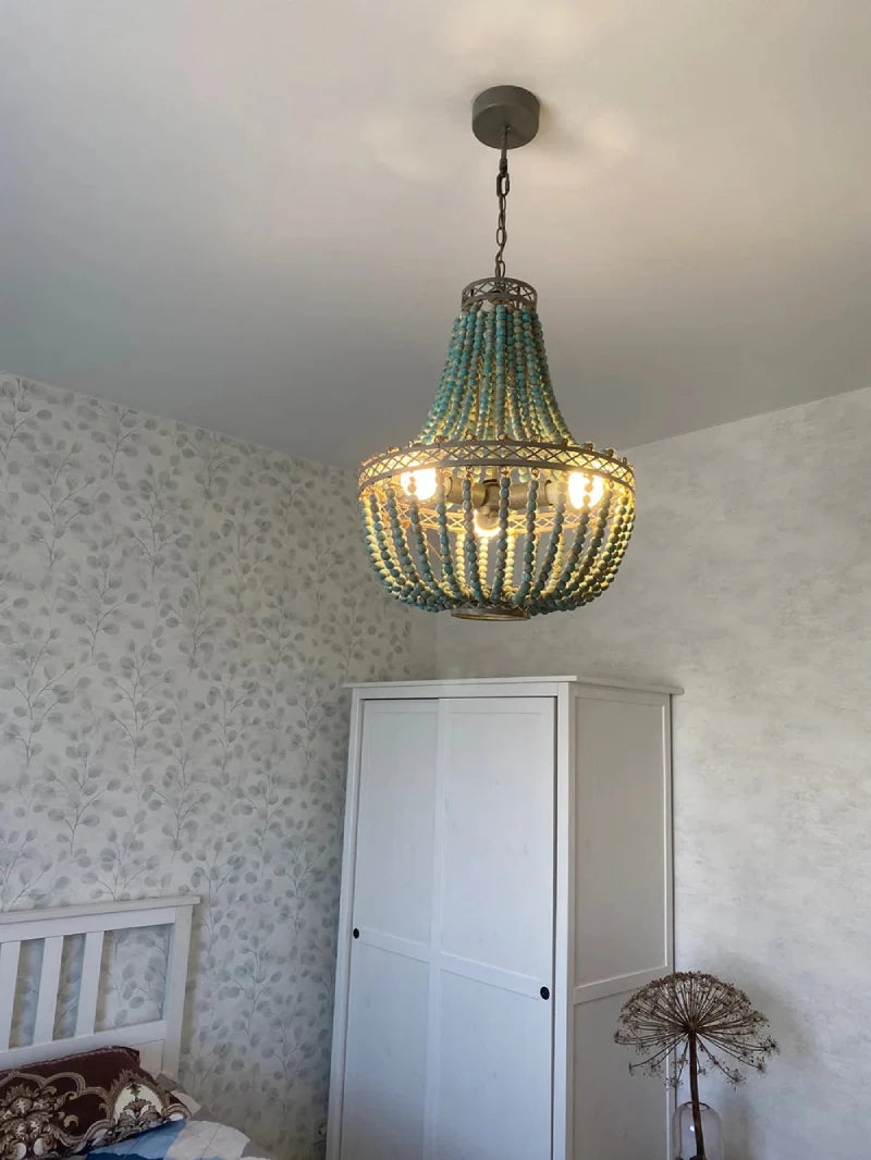 Camille Wooden Bead Cascade Pendant Lamp Rustic Ceiling Light
