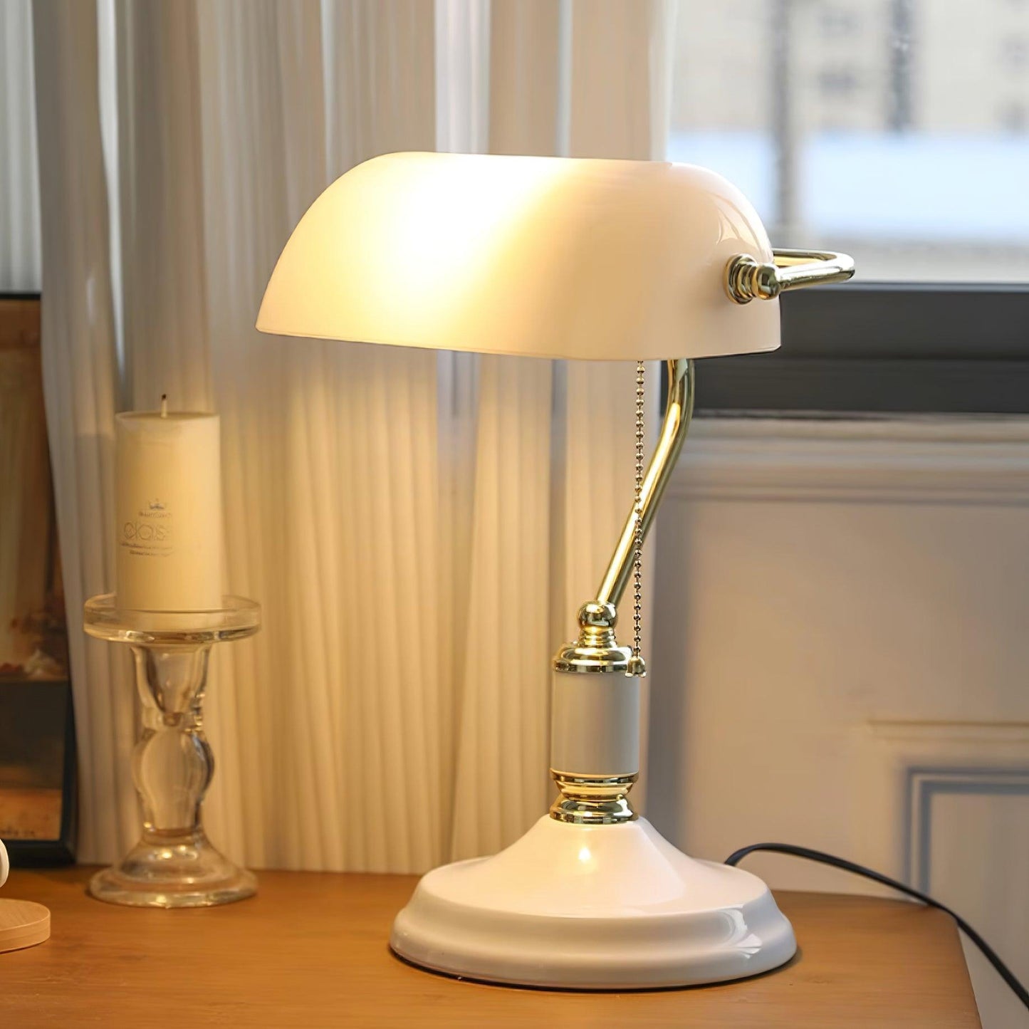 Colette Vintage Bankers Table Lamp with Green Glass Shade
