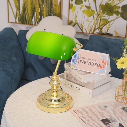 Colette Vintage Bankers Table Lamp with Green Glass Shade