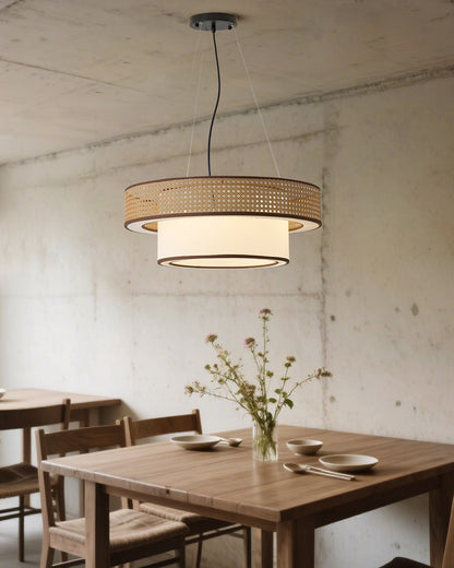 Camille Wicker Chandelier, Rattan Frame with Fabric Shade