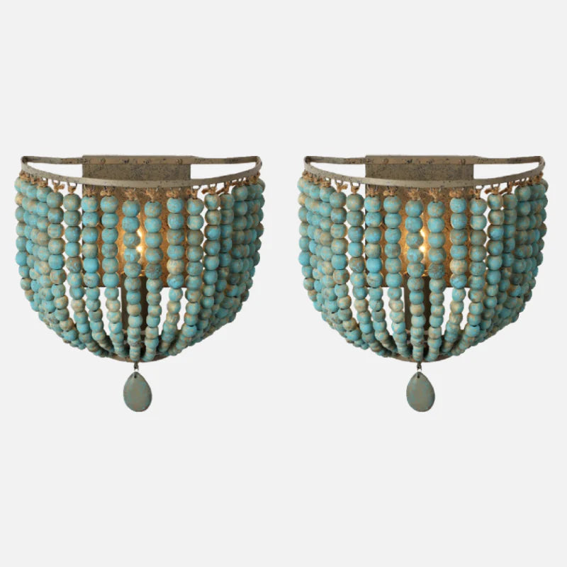 Camille Wooden Bead Cascade Wall Lamp Boho Rustic Sconce Light