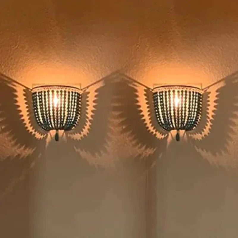 Camille Wooden Bead Cascade Wall Lamp Boho Rustic Sconce Light