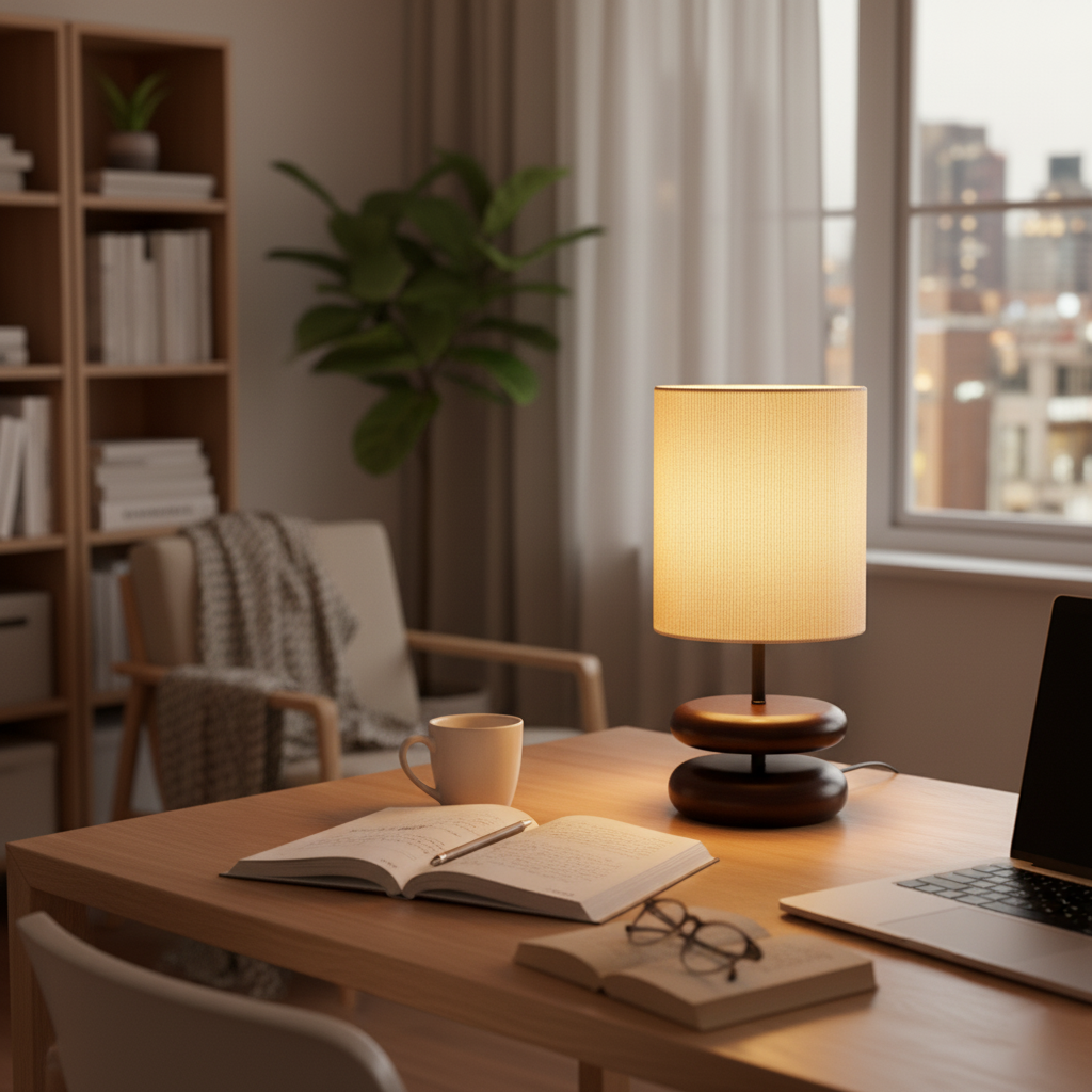 Camille Wooden River Rock Table Lamp with Fabric Shade