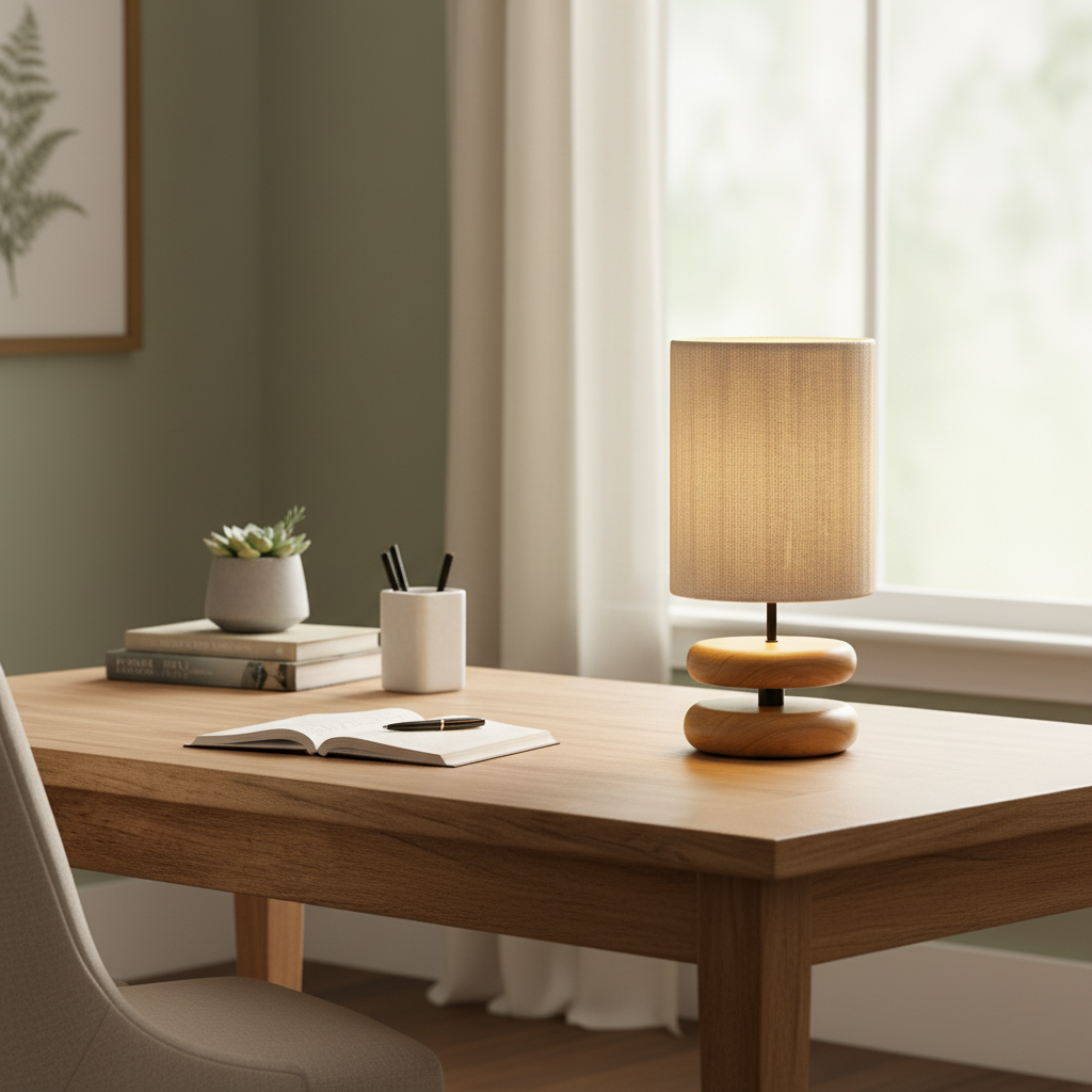 Camille Wooden River Rock Table Lamp with Fabric Shade